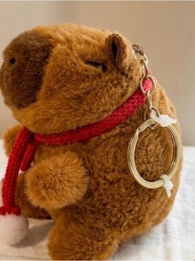 Cute Capybara plush Keychain with red  scarf mini stuffed animal bag charm 4”